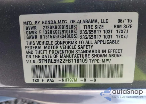2015 Honda Odyssey Lx from USA, damaged, VIN 5FNRL5H22FB118109